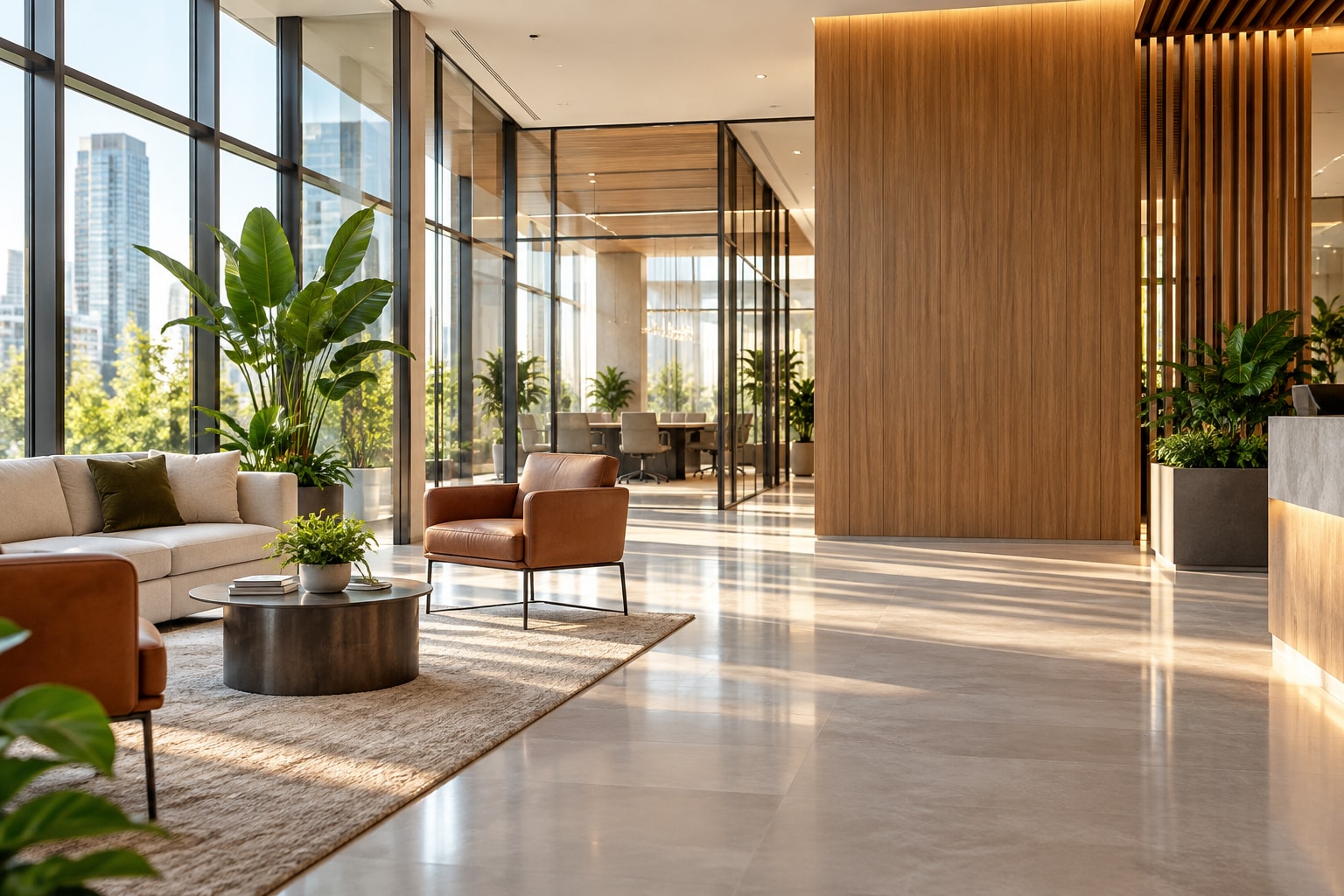 Modern office lobby with seating and natural light